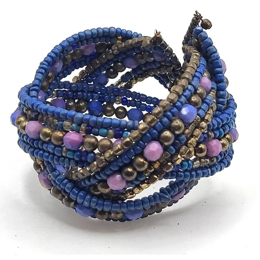 Vintage Style Beaded Crisscross Bronze & Blue Tone Bangle Cuff Bracelet 7in